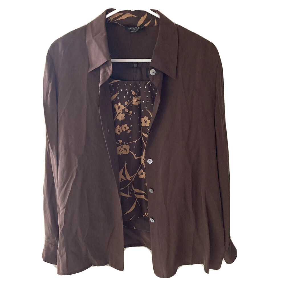 Shomi Blouse Set Sz 14 Womens Petite 100% Silk Top Brown Tank Career Work Autumn